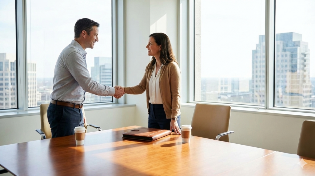 Two professionals shaking hands across a conference table in a bright office, symbolizing a successful business agreement or client partnership.