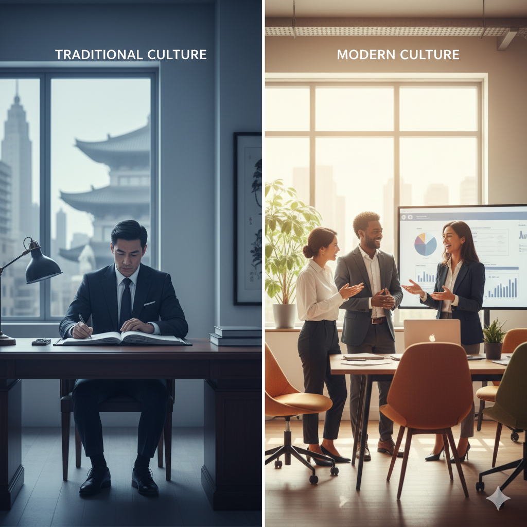 Split image comparing workplace styles: on the left, a professional working alone at a desk labeled “Traditional Culture,” and on the right, a diverse team collaborating and discussing charts in a bright office labeled “Modern Culture.”