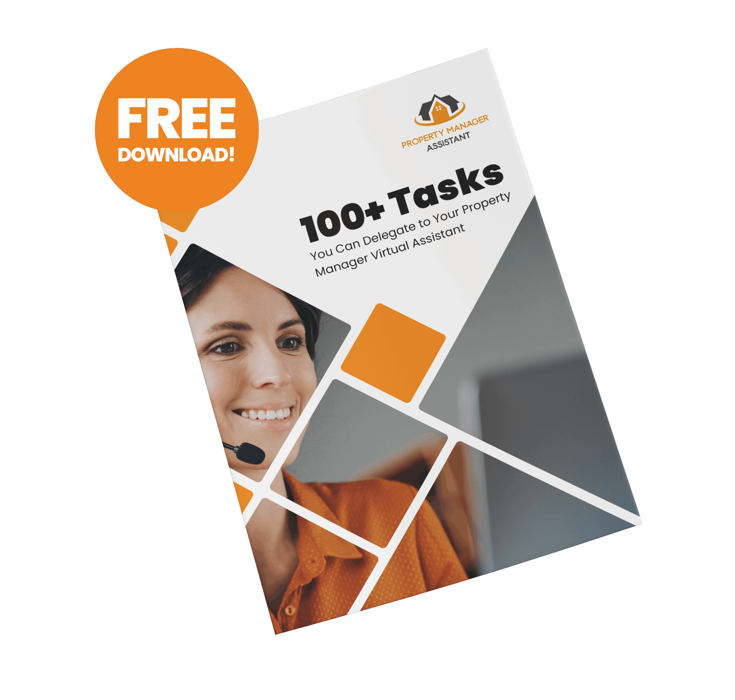 Promotional graphic for a free download titled '100+ Tasks You Can Delegate to Your Property Manager Virtual Assistant,' featuring a smiling woman with a headset.