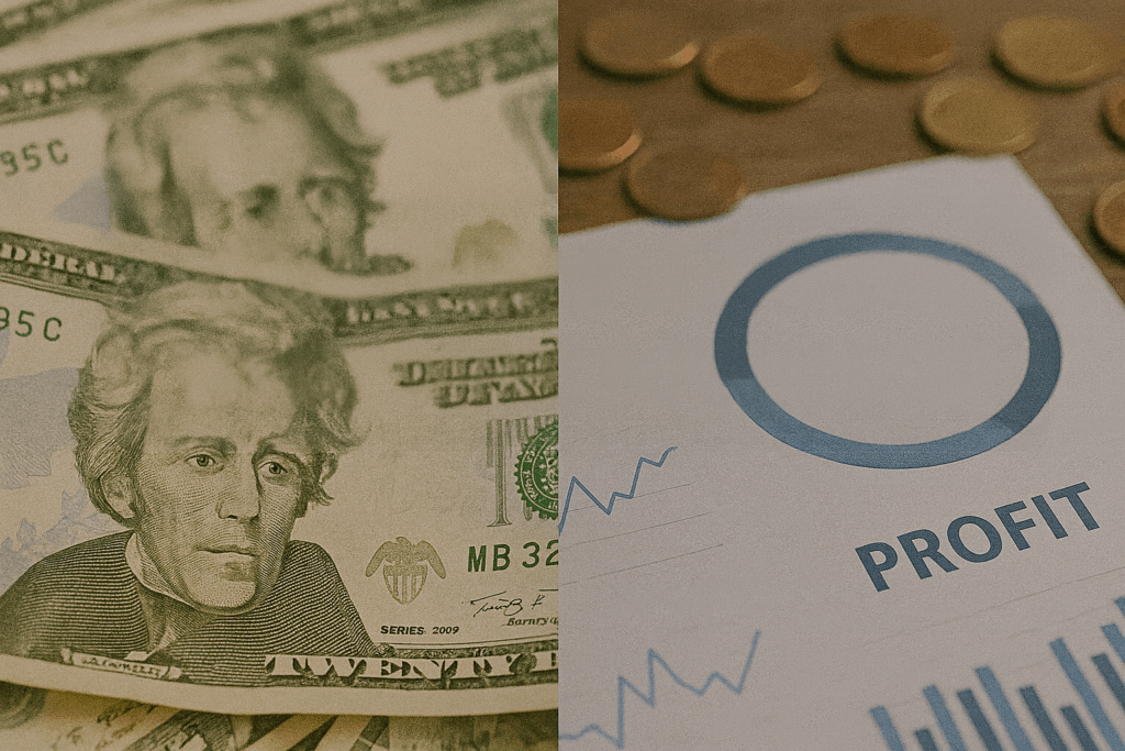 Close-up of dollar bills, coins, and a financial report highlighting profit growth.