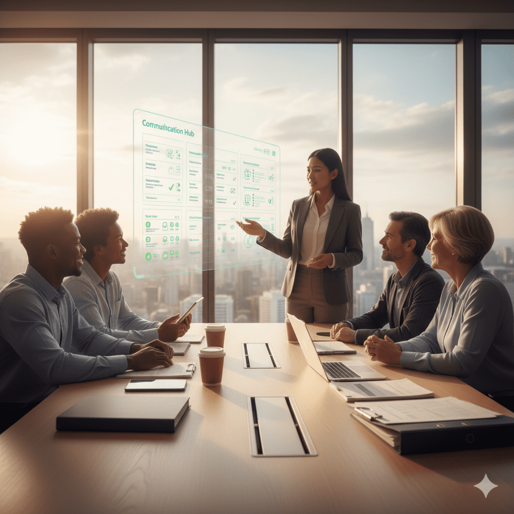 Property manager presenting a digital communication dashboard to a diverse team during a meeting, highlighting tenant communication tools and collaboration in a modern office setting.