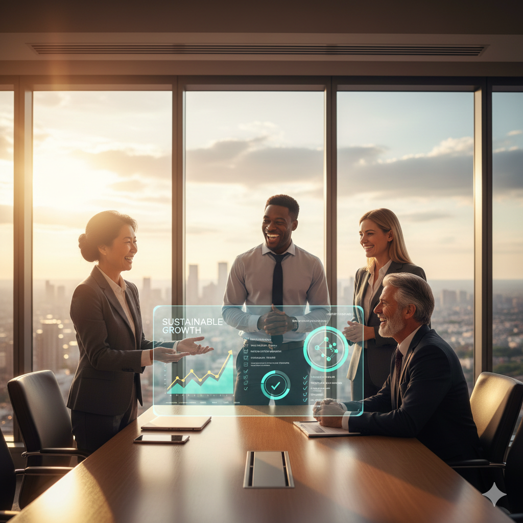 Business team celebrating a successful meeting in a modern conference room, with a digital overlay showing sustainable growth metrics, charts, and performance indicators against a city skyline backdrop.