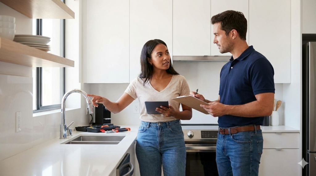 Tenant pointing out a kitchen sink issue to a property manager during an in-unit inspection, as the manager takes notes on a clipboard in a modern apartment kitchen.