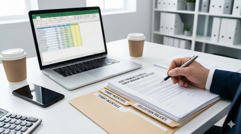 Property manager reviewing financial spreadsheets on a laptop while signing payment and collection policy documents at a desk with files, calculator, phone, and coffee cups.
