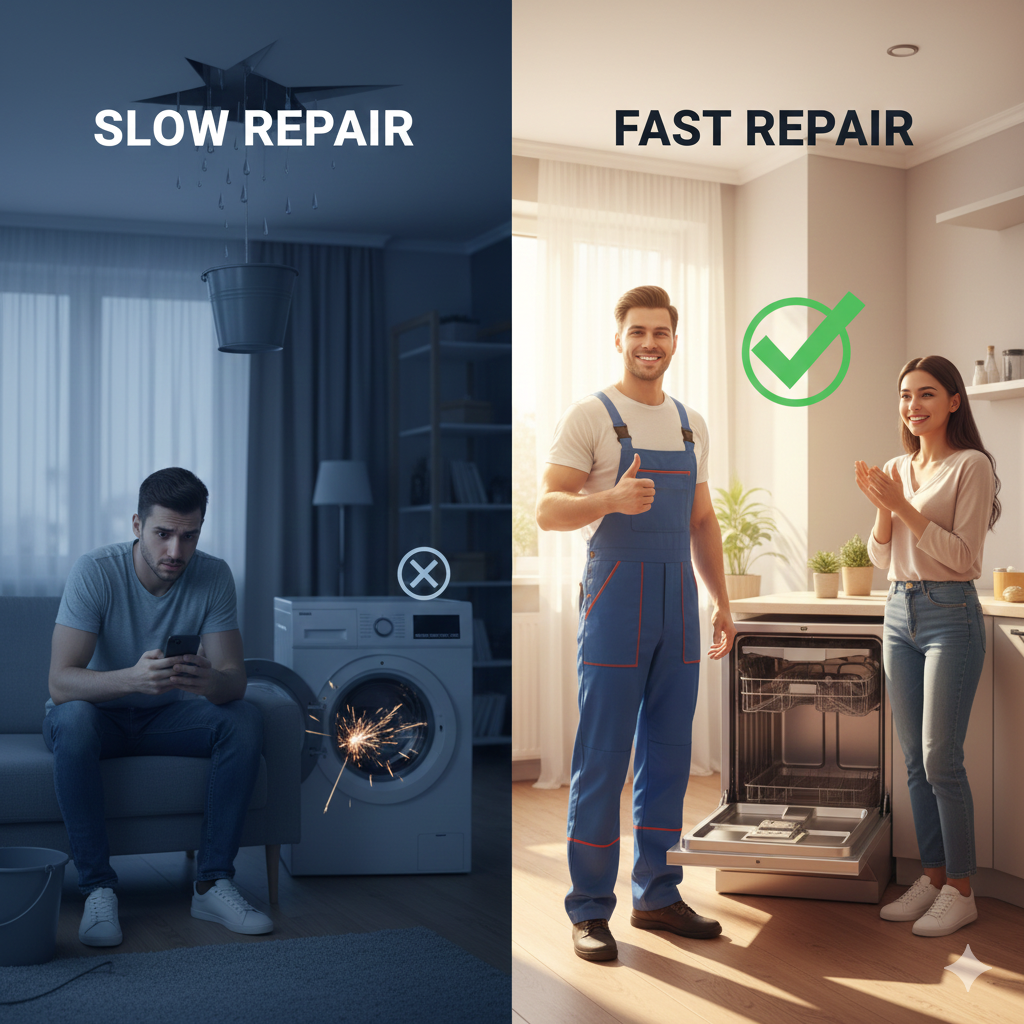 Split image comparing repair speed: left side labeled “Slow Repair” shows a frustrated tenant sitting near a leaking ceiling and broken washing machine, while the right side labeled “Fast Repair” shows a smiling repair technician giving a thumbs-up beside a fixed dishwasher as a happy tenant applauds, marked with a green check.