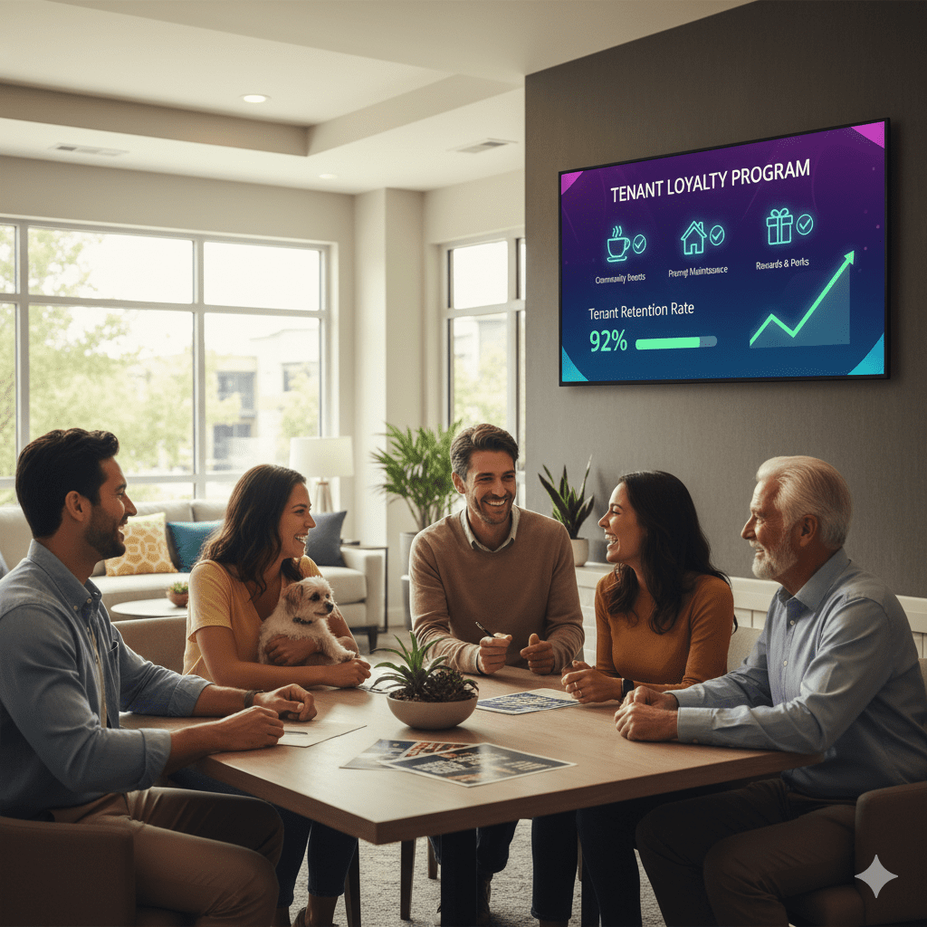Group of tenants and a property manager meeting at a table in a community lounge, smiling and discussing a tenant loyalty program displayed on a screen showing a 92% retention rate.
