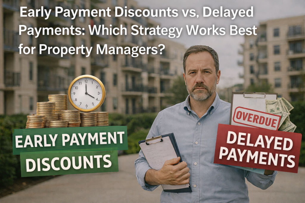 A property manager standing outdoors between two visual options: a green sign labeled “Early Payment Discounts” with stacked coins and a clock, and a red sign labeled “Delayed Payments” with an overdue notice and cash, illustrating a comparison of payment strategies for property managers.