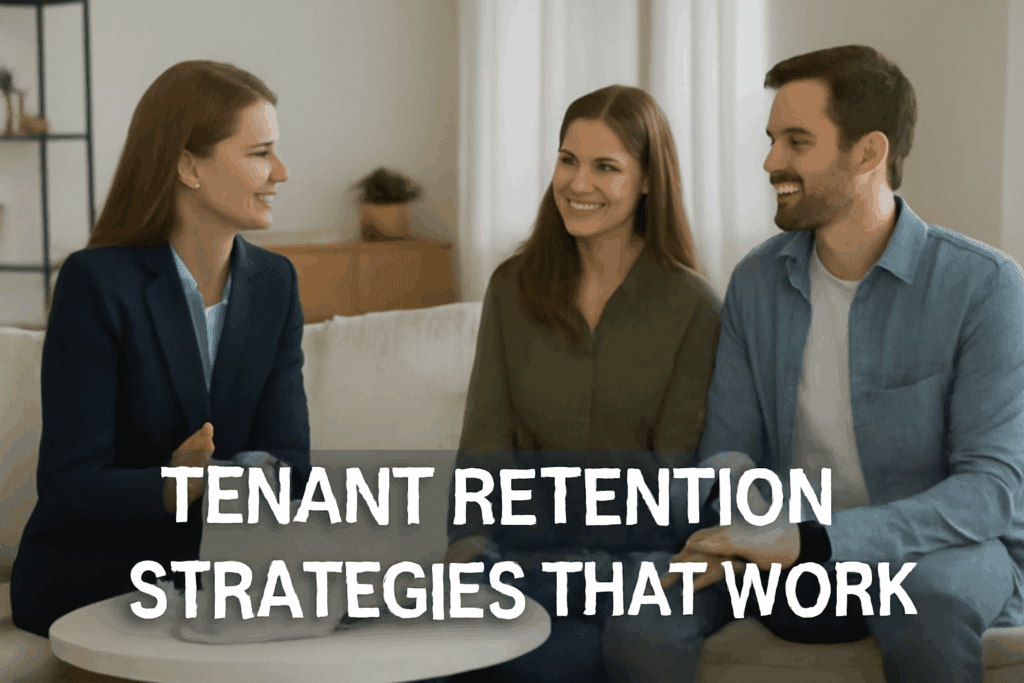 A property manager meeting with a smiling couple in a living room, discussing housing needs, with text overlay reading “Tenant Retention Strategies That Work.”
