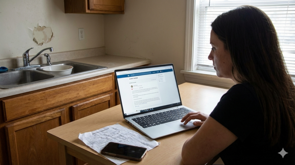 Tenant sitting at a kitchen table using a laptop to submit a maintenance request, with visible water damage near the sink and a phone and notes on the table.