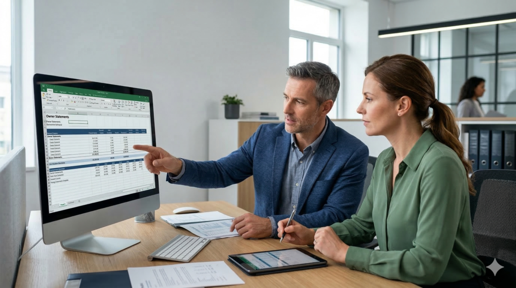 Property manager reviewing an owner statement on a computer screen with a client in an office setting.