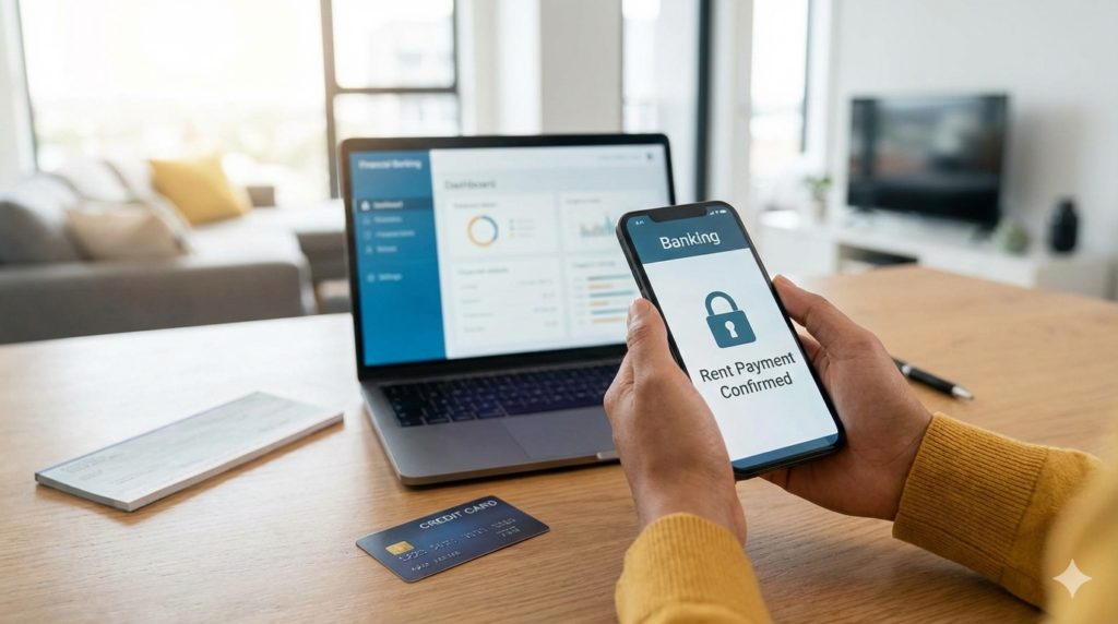 Person holding a smartphone showing “Rent Payment Confirmed” on a banking app, with an open laptop displaying a financial dashboard and a credit card on a desk in a bright living space.