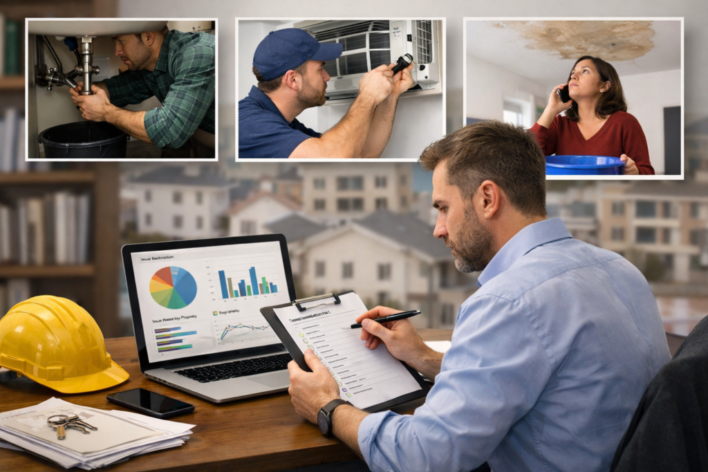 Property manager reviewing maintenance reports on a laptop while inset images show common rental issues, including plumbing repairs, air conditioner service, and a tenant reporting ceiling damage.