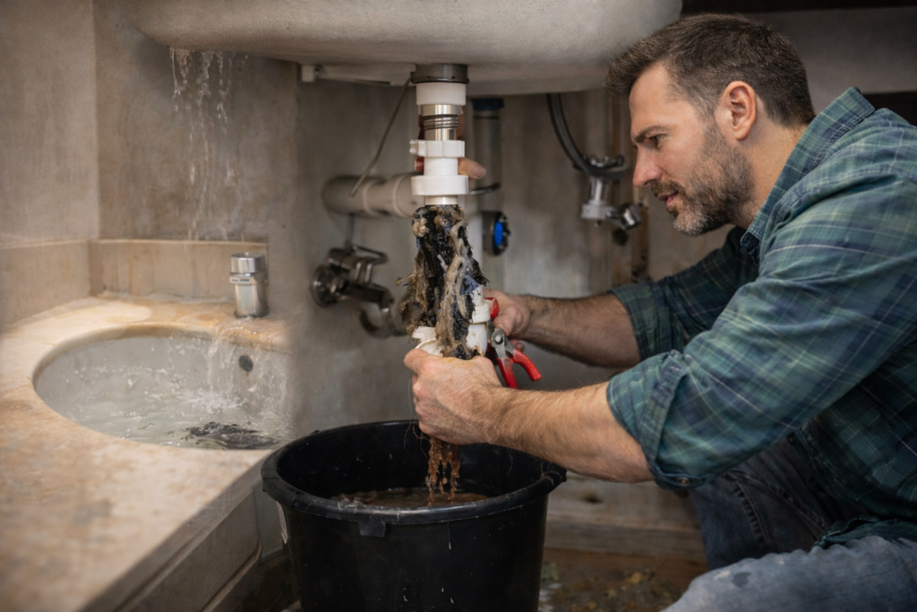 Maintenance worker clearing a severe drain clog under a bathroom sink while water overflows into the basin and a bucket catches debris below.