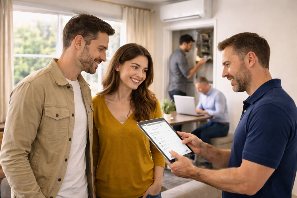 Property manager showing a tablet to a smiling couple during a rental consultation, while team members work in the background.