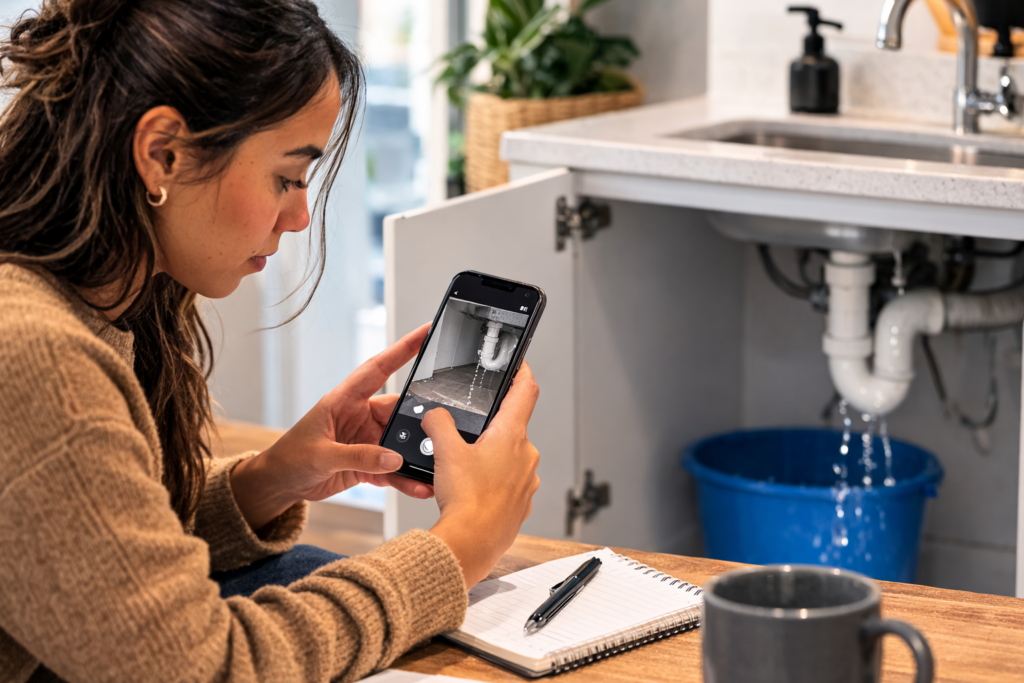 Person photographing a leak under a kitchen sink, with water dripping into a blue bucket beneath exposed plumbing.