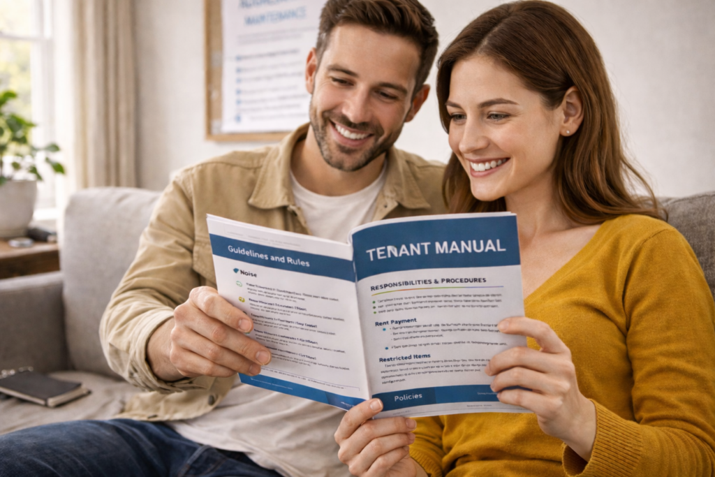 Smiling couple sitting on a couch and reading a tenant manual together in a bright living room.