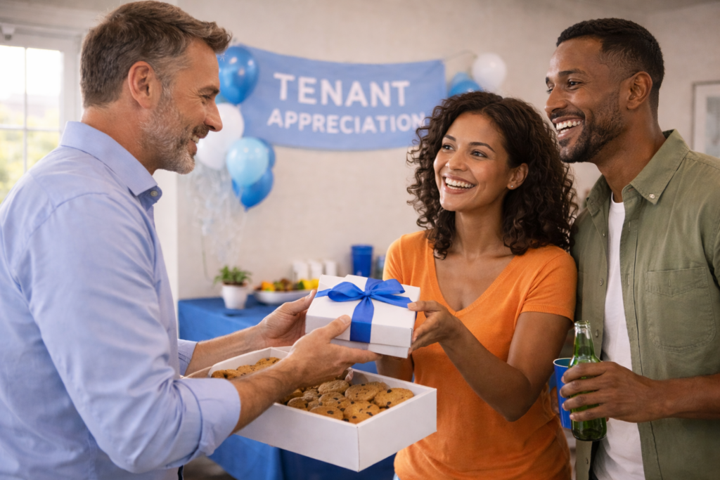 Property manager handing a gift box to smiling tenants at a tenant appreciation event, with cookies, balloons, and a “Tenant Appreciation” banner in the background.
