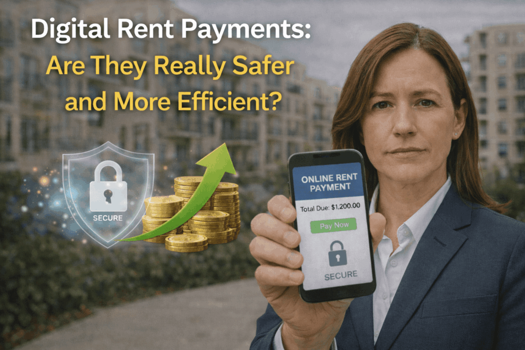 A property manager holding a smartphone showing an online rent payment screen with a secure lock icon, alongside graphics of coins, an upward arrow, and a security shield, with text asking, “Digital Rent Payments: Are They Really Safer and More Efficient?”