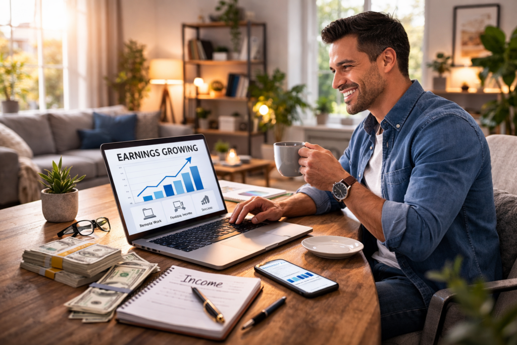 Man smiling at a laptop showing rising earnings while sitting at a desk with cash, a phone, and a notebook in a cozy home office.
