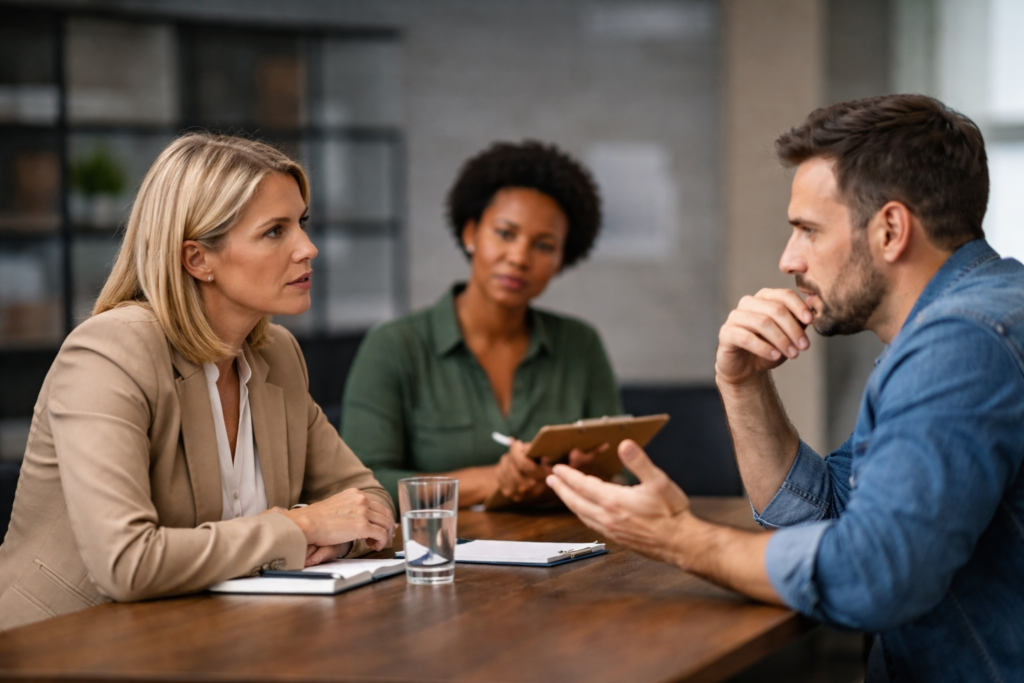 Property manager having a serious conversation with a tenant at a conference table while an assistant takes notes in the background.