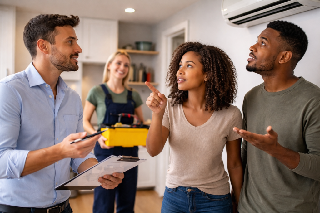 Property manager speaking with tenants inside an apartment while a maintenance technician stands nearby, as they look up at a wall-mounted air conditioner.