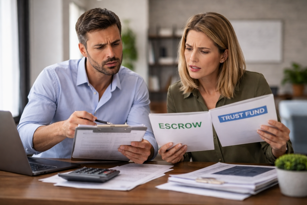 Two property managers reviewing escrow and trust fund documents at a desk while comparing financial records and notes.
