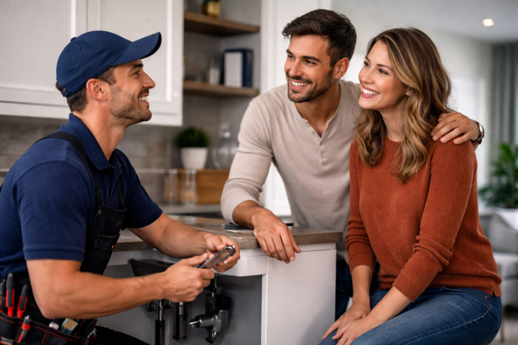 Maintenance technician smiling while speaking with a couple in their kitchen during a home repair visit.