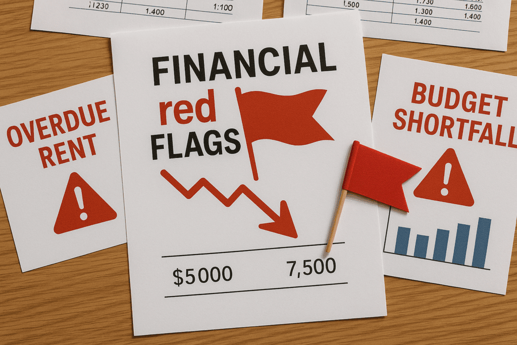 Financial red flags showing overdue rent, budget shortfall, and warning signs.