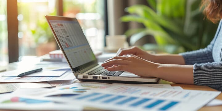 Person analyzing financial reports and data on a laptop with charts on desk.