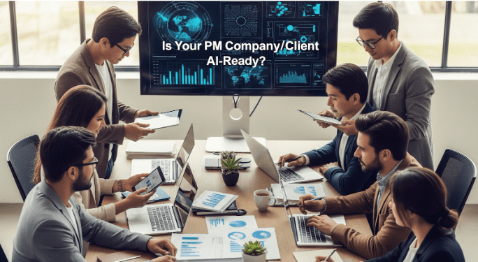Business team meeting with AI data dashboard asking if property management is AI-ready.
