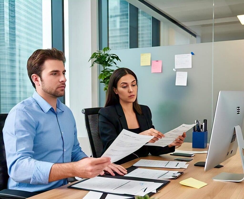 Business professionals reviewing documents together in a modern office.