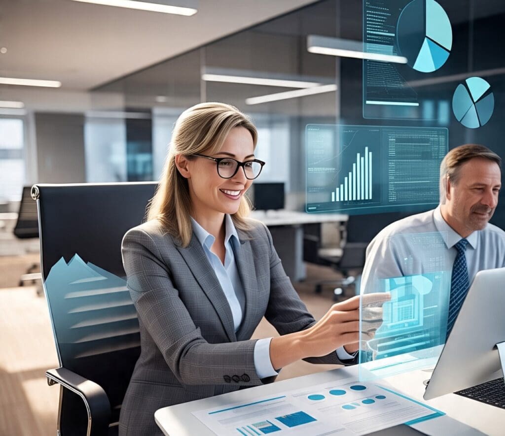 Business professionals analyzing digital data dashboards in a modern office.