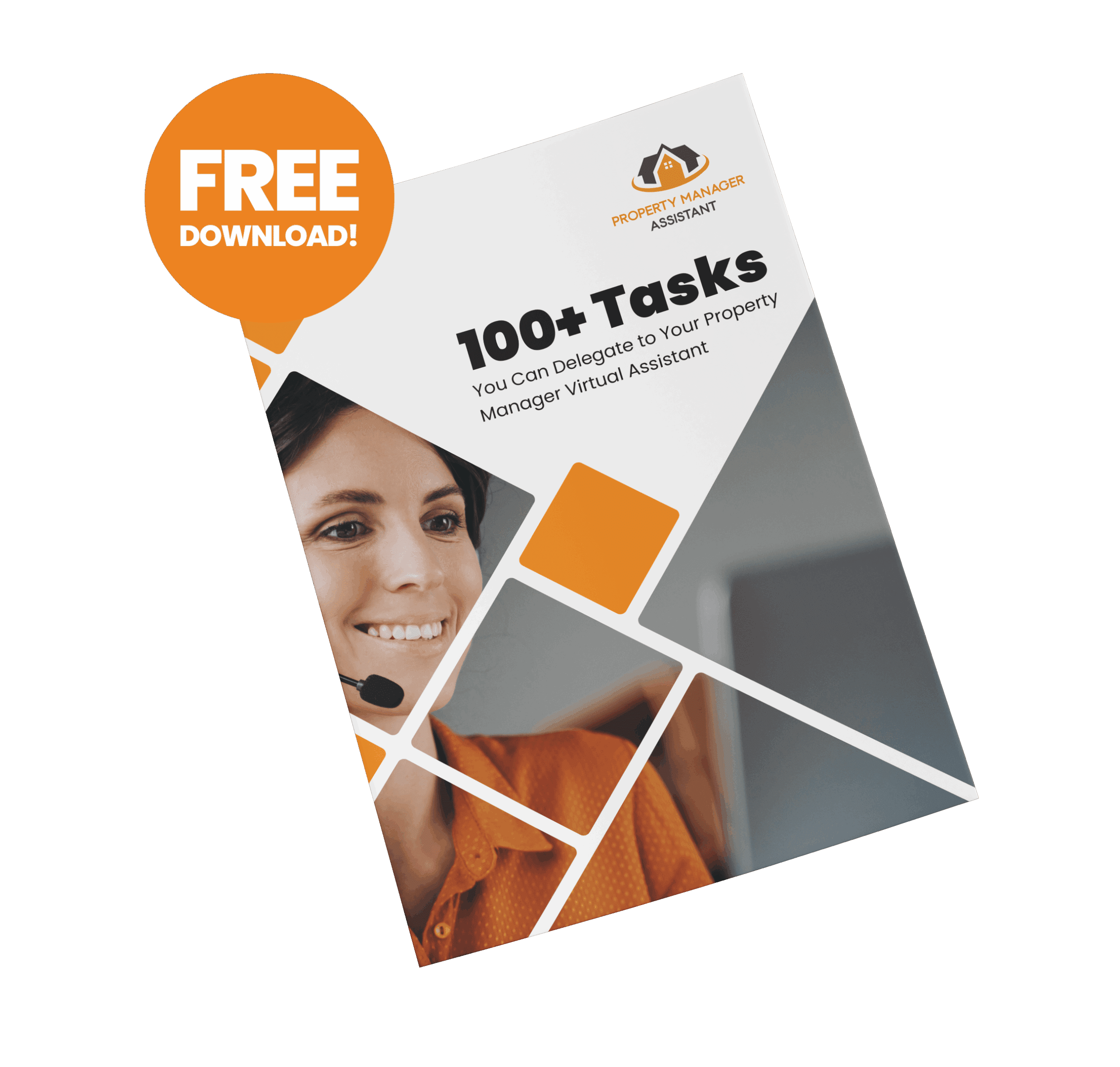 Promotional graphic for a free download titled '100+ Tasks You Can Delegate to Your Property Manager Virtual Assistant,' featuring a smiling woman with a headset.