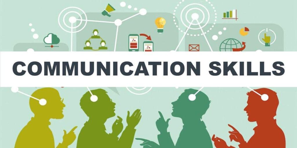 Illustration highlighting communication skills with people talking and icons.