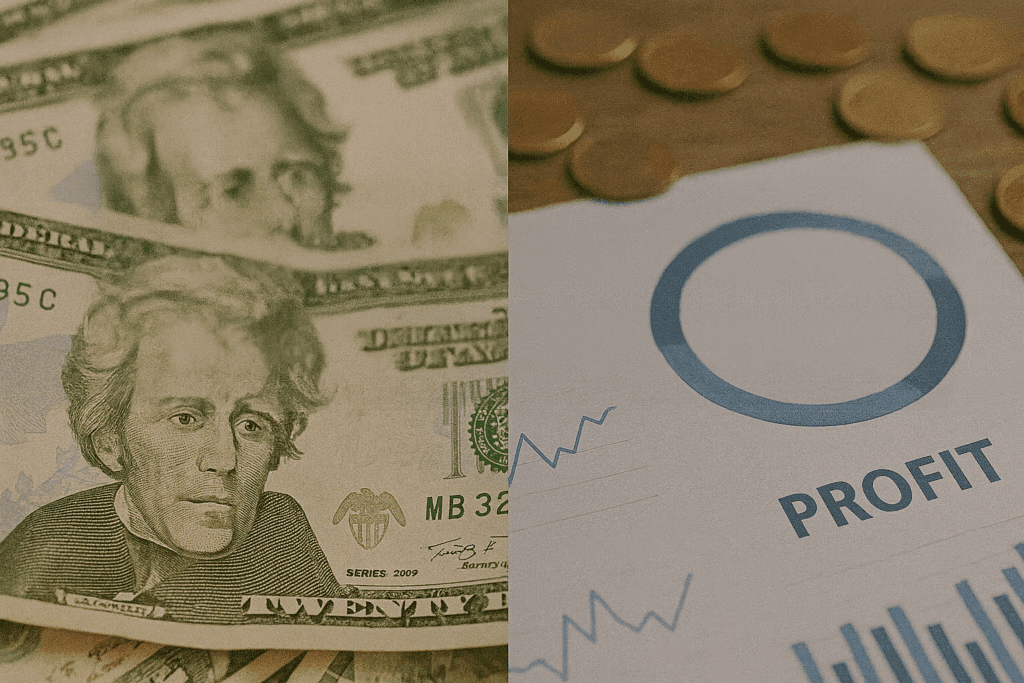 Close-up of dollar bills, coins, and a financial report highlighting profit growth.