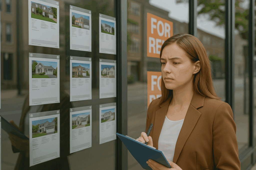 Real estate agent reviewing rental property listings in window display.