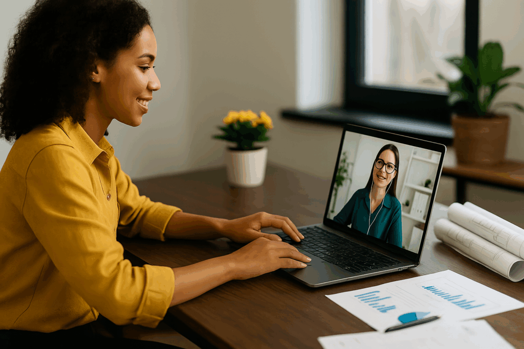 Businesswoman in video call meeting on laptop at office desk