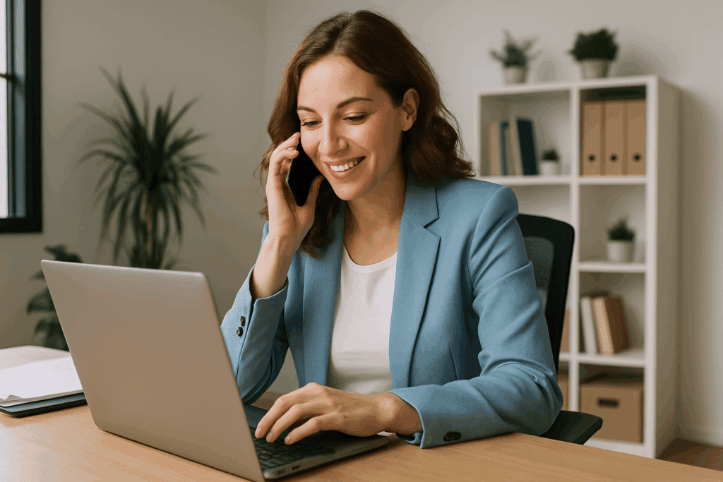 Smiling businesswoman on phone call while working on laptop in modern office.