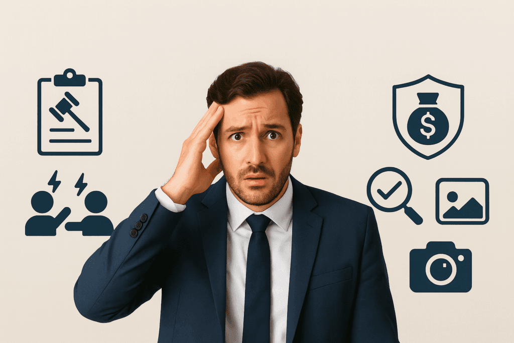 Stressed businessman surrounded by legal, financial, and insurance icons.