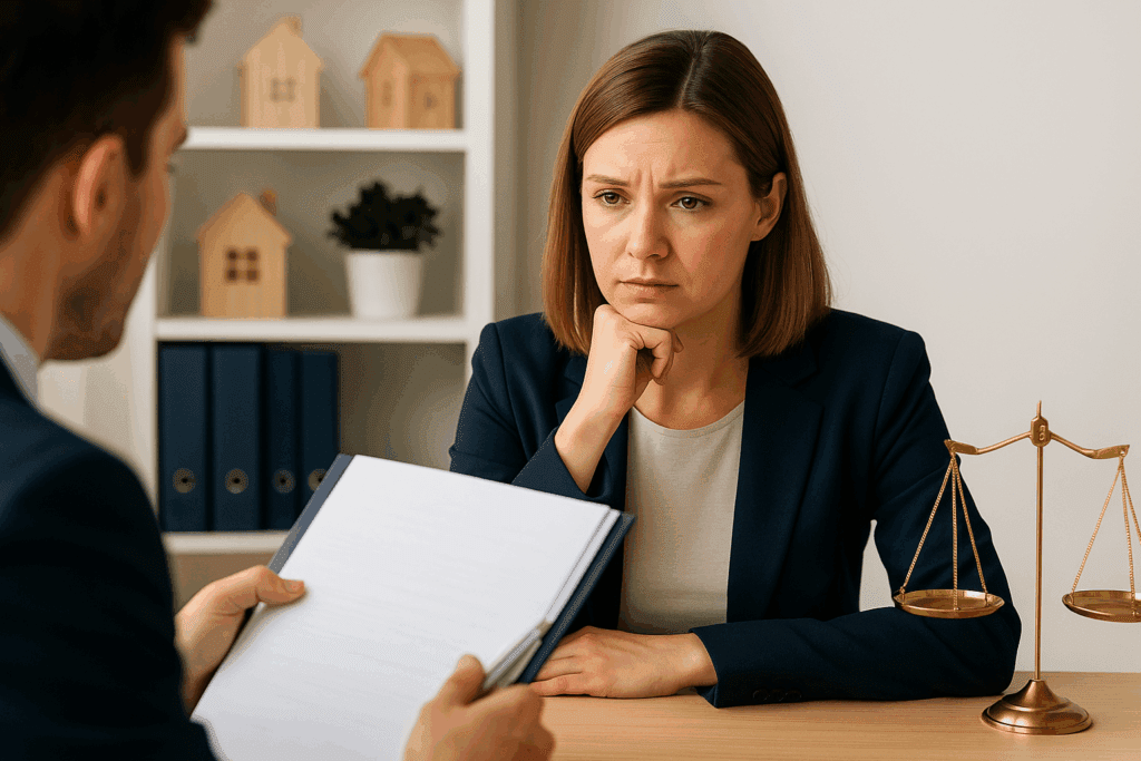 Property manager discussing legal tenant issues with concern and paperwork.