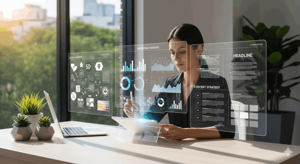 Woman using AI tools for content strategy and digital marketing insights