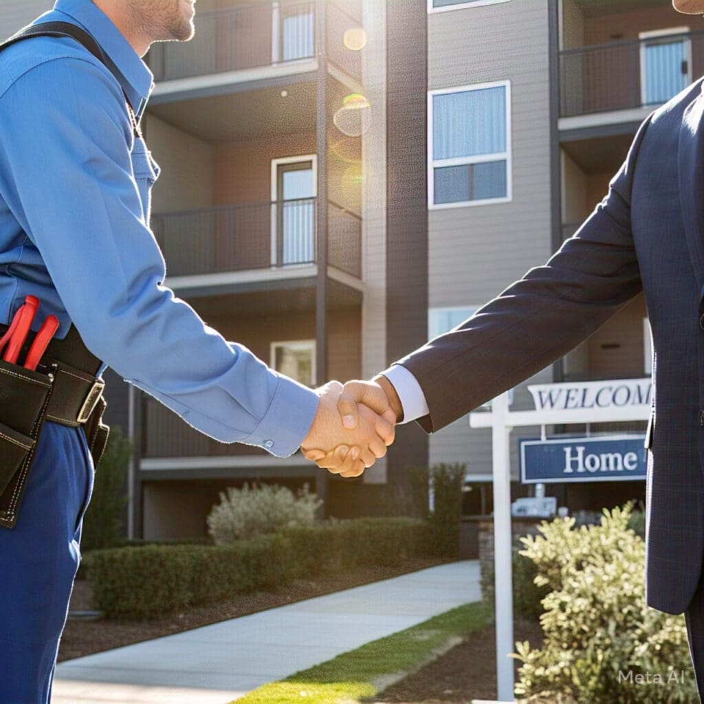 Property manager and maintenance worker shaking hands outside apartment building.