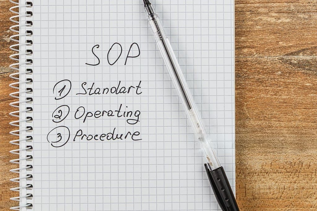 Notebook with SOP written as Standard Operating Procedure and a pen on wooden desk.