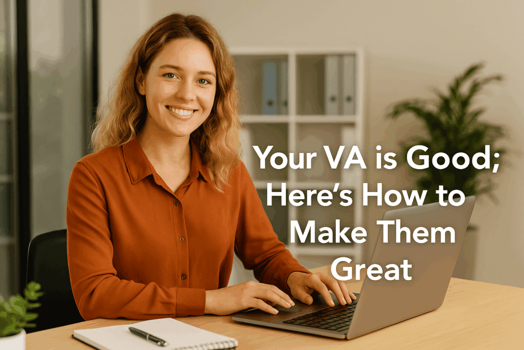 Virtual assistant working on laptop with tips to boost productivity