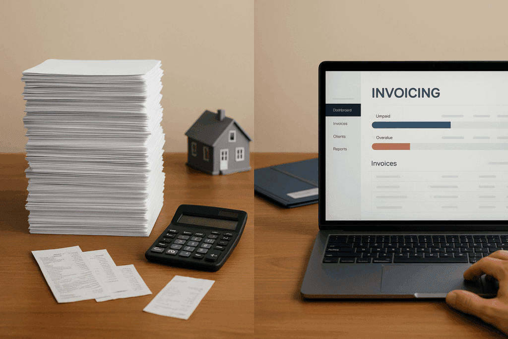 Paper invoices and calculator compared with digital invoicing on a laptop screen.