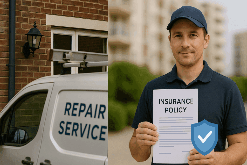 Repair service worker holding an insurance policy document with a checkmark icon.