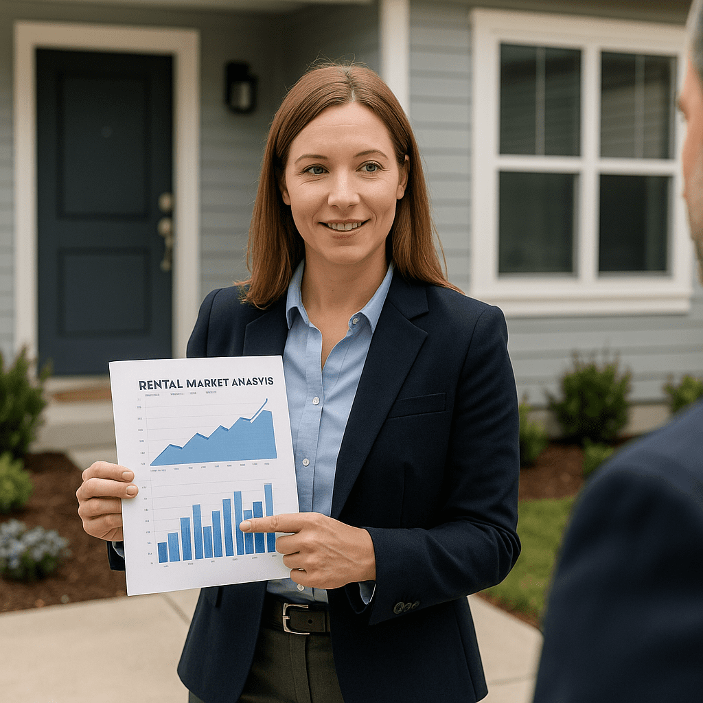 Real estate agent presenting rental market analysis report with charts outside a home.