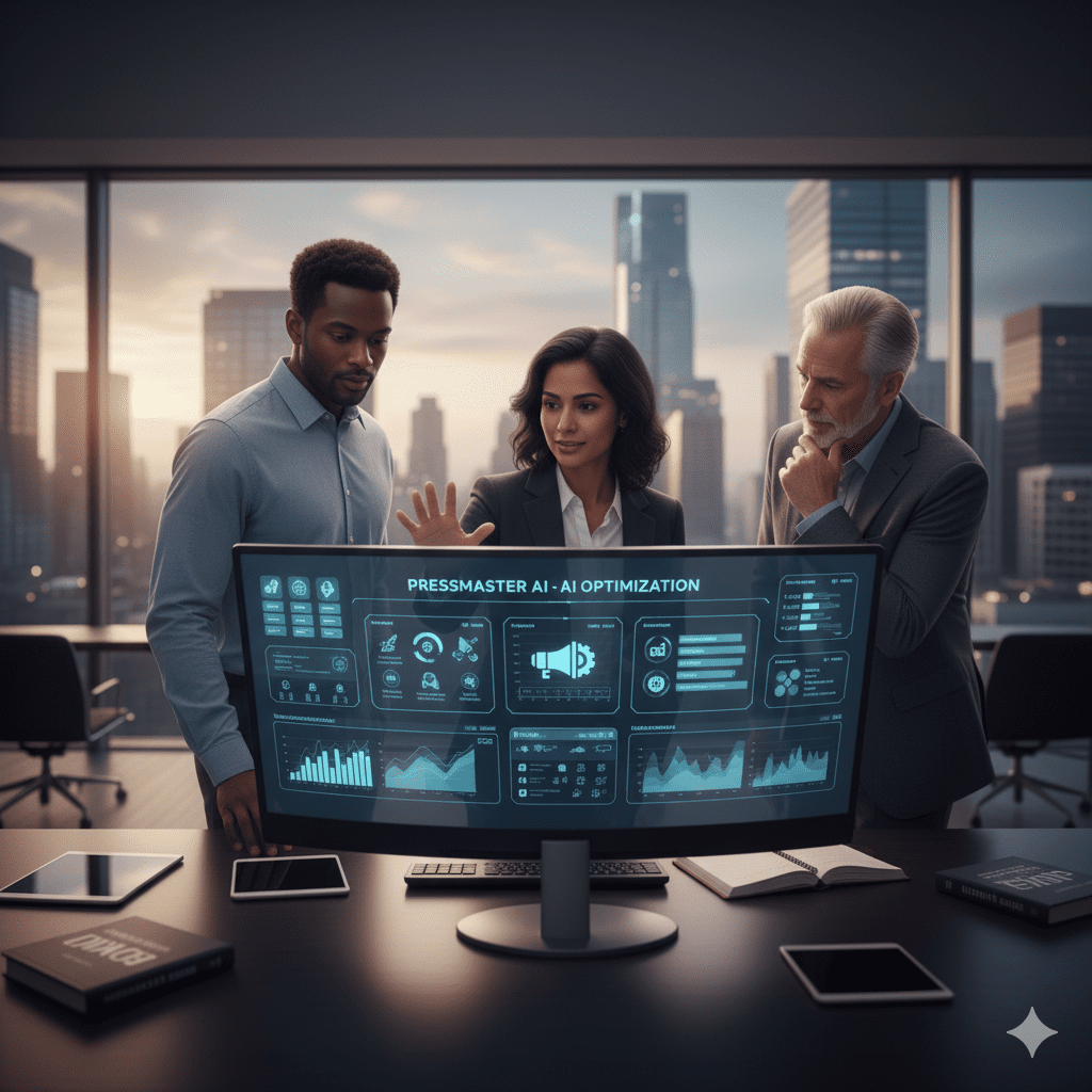 Team discussing Pressmaster AI optimization on property management dashboard.