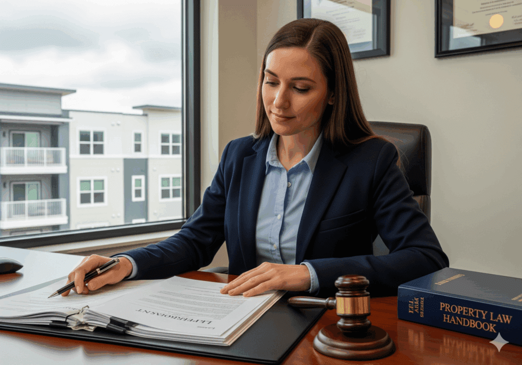 Property lawyer reviewing lease agreement in office
