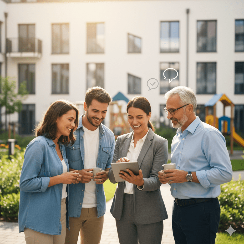 Property manager meeting with tenants using tablet outdoors.